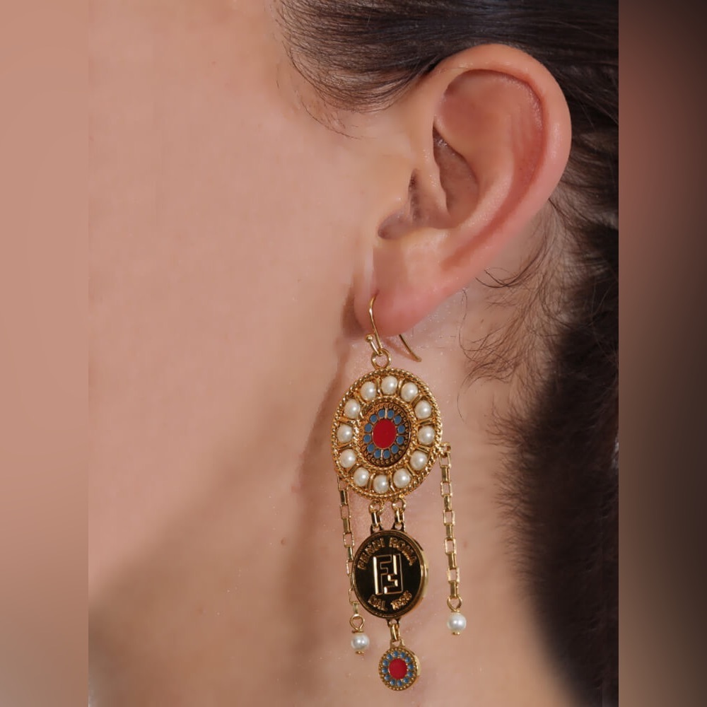 •••SOLD•••RARE Fendi Gold Tone Beaded Drop Hook Gold Tone Earrings AUTHENTIC